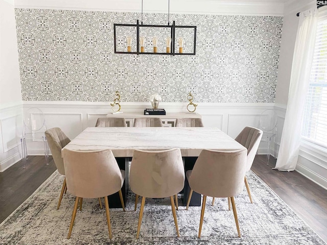 15 Alumni Ln, Blythewood, SC 29016 - dining space with wood finished floors, a wainscoted wall, wallpapered walls, and a decorative wall