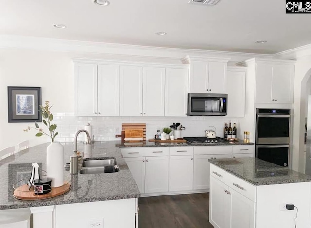 15 Alumni Ln, Blythewood, SC 29016 - kitchen featuring stainless steel appliances, white cabinetry, dark stone countertops, ornamental molding, and recessed lighting