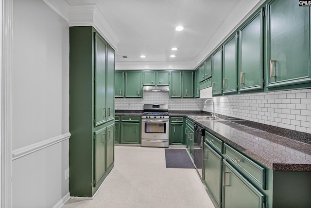 108 Sawgrass Ct, West Columbia, SC 29172 - kitchen featuring green cabinets, stainless steel gas range oven, dishwasher, decorative backsplash, and ornamental molding