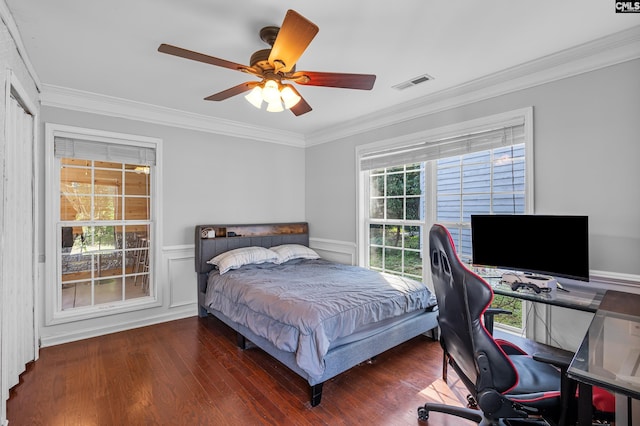 108 Sawgrass Ct, West Columbia, SC 29172 - bedroom featuring ornamental molding, wood finished floors, a desk, wainscoting, and a ceiling fan