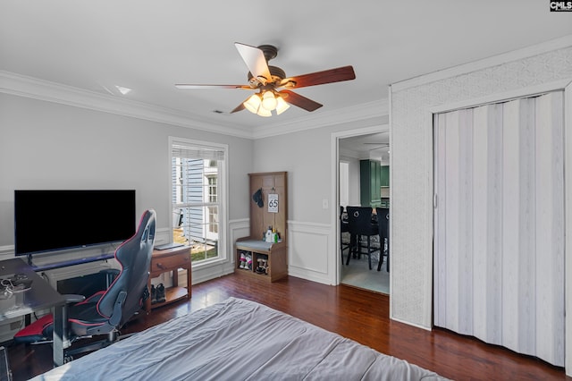 108 Sawgrass Ct, West Columbia, SC 29172 - bedroom with wood finished floors, ornamental molding, a wainscoted wall, and ceiling fan