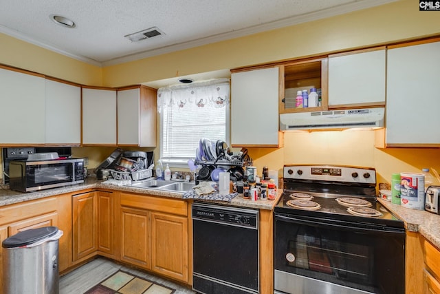 2161 Tanglewood Rd, Sumter, SC 29154 - kitchen featuring dishwasher, range with electric stovetop, under cabinet range hood, stainless steel microwave, and ornamental molding