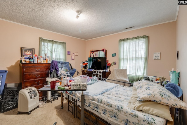 2161 Tanglewood Rd, Sumter, SC 29154 - carpeted bedroom featuring multiple windows, ornamental molding, and a textured ceiling