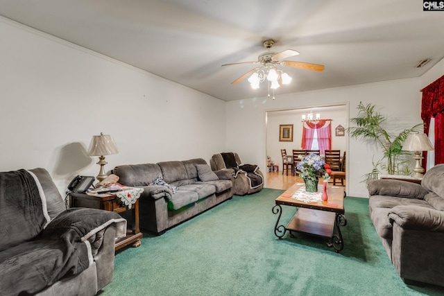 2161 Tanglewood Rd, Sumter, SC 29154 - carpeted living area with a ceiling fan, a chandelier, and crown molding