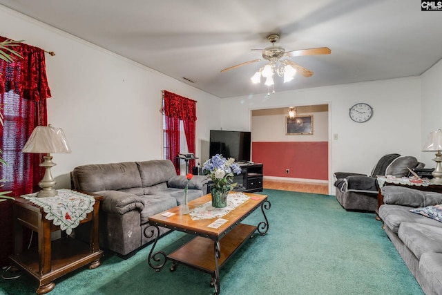 2161 Tanglewood Rd, Sumter, SC 29154 - carpeted living room featuring ceiling fan and crown molding