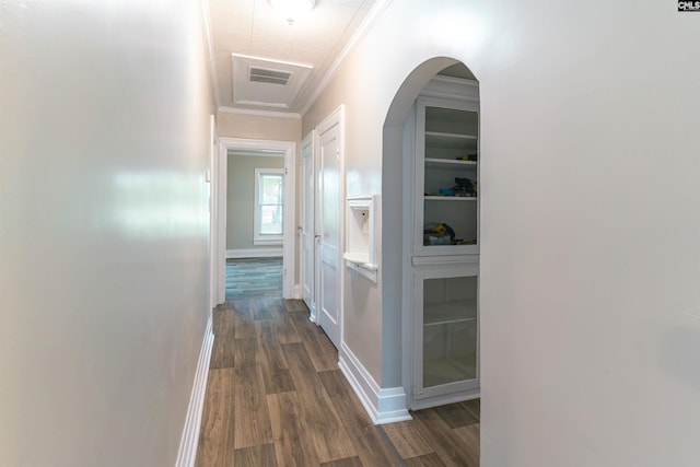 318 Summerland Ave, Batesburg, SC 29006 - hall featuring dark wood-type flooring, crown molding, and arched walkways