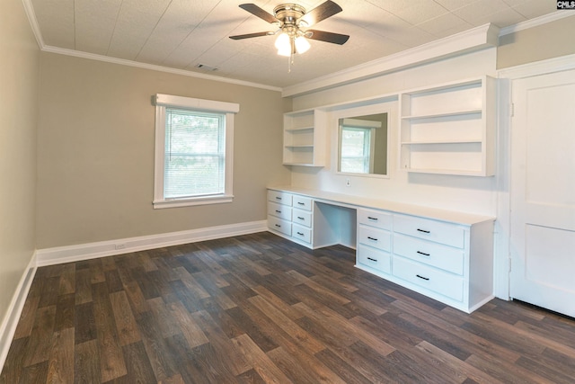 318 Summerland Ave, Batesburg, SC 29006 - unfurnished office with crown molding, built in study area, dark wood-style flooring, and a ceiling fan