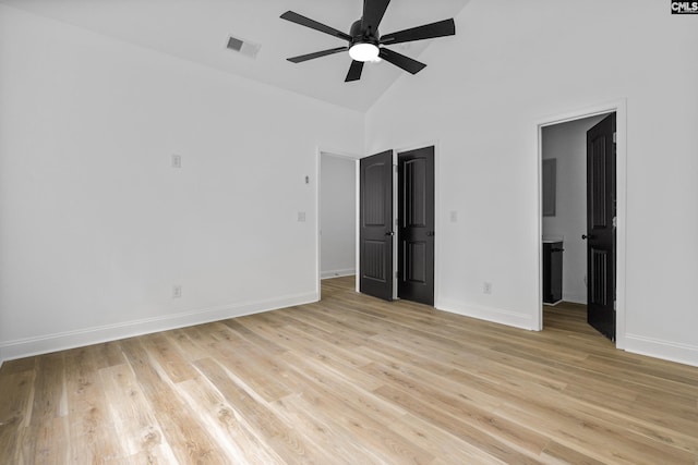 3723 Hoyt St, Columbia, SC 29223 - unfurnished bedroom featuring high vaulted ceiling, light wood-type flooring, connected bathroom, and ceiling fan