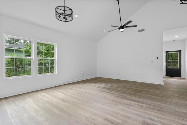 3723 Hoyt St, Columbia, SC 29223 - unfurnished living room with plenty of natural light, high vaulted ceiling, light wood-style floors, a ceiling fan, and recessed lighting