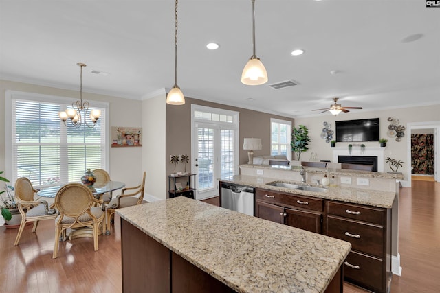 769 Broad Leaf Rd, Elgin, SC 29045 - kitchen featuring an island with sink, stainless steel dishwasher, light wood-style floors, open floor plan, and a fireplace