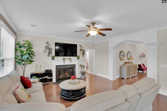 769 Broad Leaf Rd, Elgin, SC 29045 - living room with decorative columns, ceiling fan, arched walkways, wood finished floors, and a glass covered fireplace