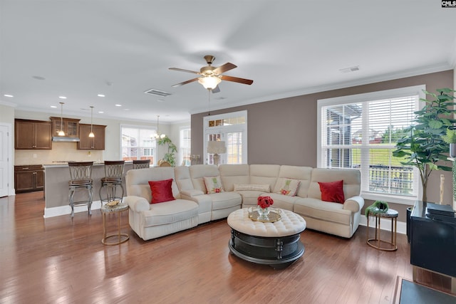 769 Broad Leaf Rd, Elgin, SC 29045 - living room with a ceiling fan, ornamental molding, dark wood-style flooring, and recessed lighting