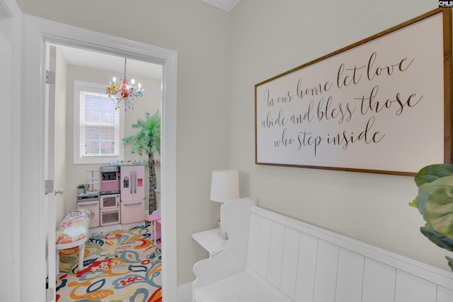 769 Broad Leaf Rd, Elgin, SC 29045 - hallway with a chandelier and a wainscoted wall