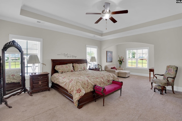 769 Broad Leaf Rd, Elgin, SC 29045 - bedroom featuring a tray ceiling, light colored carpet, ornamental molding, and ceiling fan