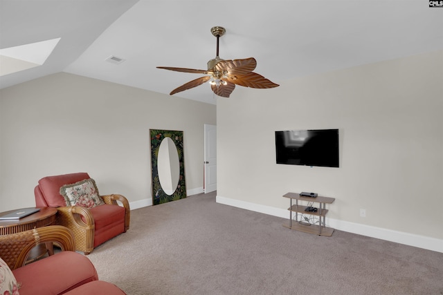 769 Broad Leaf Rd, Elgin, SC 29045 - living area with carpet flooring, a ceiling fan, a skylight, and vaulted ceiling