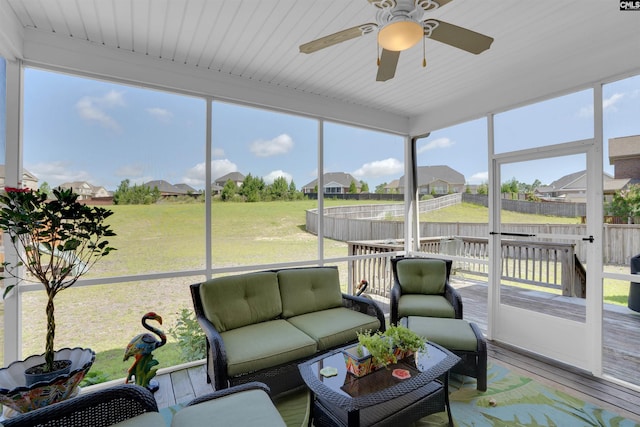 769 Broad Leaf Rd, Elgin, SC 29045 - sunroom featuring a residential view, ceiling fan, and an outdoor living space