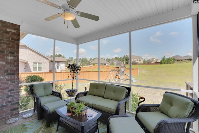 769 Broad Leaf Rd, Elgin, SC 29045 - sunroom with an outdoor living space, a ceiling fan, and a residential view