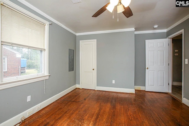 113 Brookland Cir, Columbia, SC 29204 - unfurnished bedroom with ornamental molding, hardwood / wood-style flooring, electric panel, a closet, and a ceiling fan