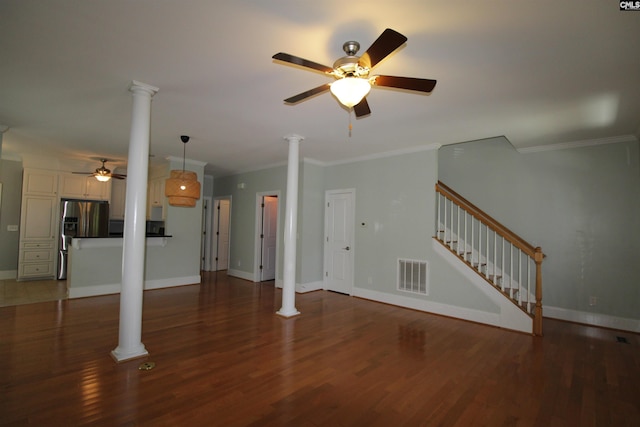 392 Highland Point Dr, Columbia, SC 29229 - unfurnished living room with decorative columns, ceiling fan, ornamental molding, and wood finished floors