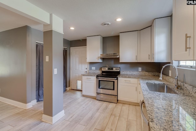 105 Garmony Cir, Columbia, SC 29212 - kitchen with stainless steel range with electric cooktop, light wood-style floors, white cabinets, light stone counters, and recessed lighting