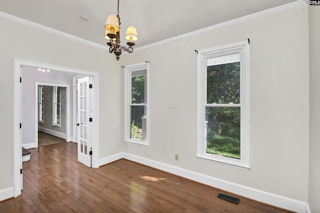730 Stoneridge Rd, Ridgeway, SC 29130 - unfurnished dining area with a chandelier, ornamental molding, and dark wood-style floors