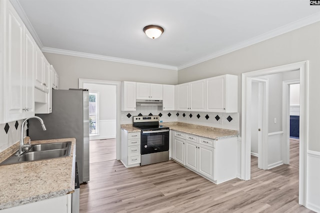 265 Thornhill Rd, Columbia, SC 29212 - kitchen with stainless steel electric range, ornamental molding, white cabinetry, tasteful backsplash, and light wood finished floors