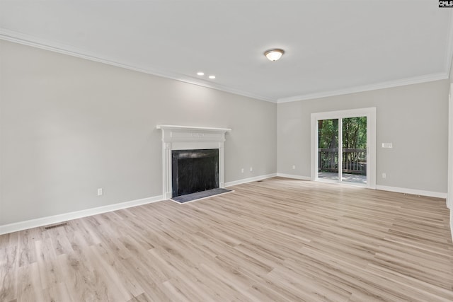265 Thornhill Rd, Columbia, SC 29212 - unfurnished living room with ornamental molding, a fireplace with raised hearth, light wood finished floors, and recessed lighting