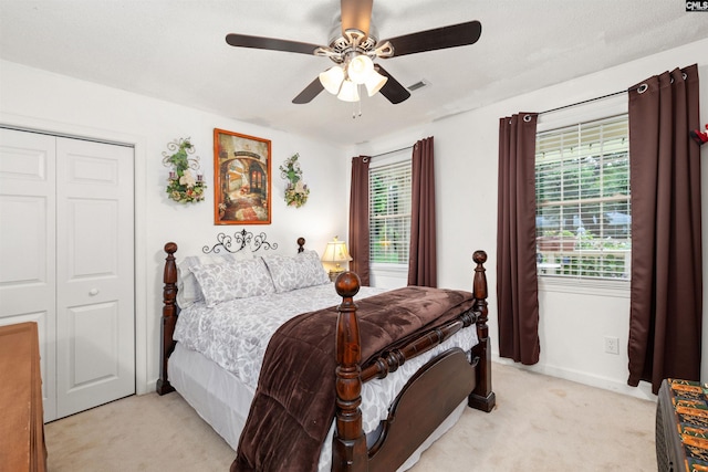 1220 Barnwell Dr, Sumter, SC 29154 - bedroom with light colored carpet, multiple windows, a closet, and ceiling fan