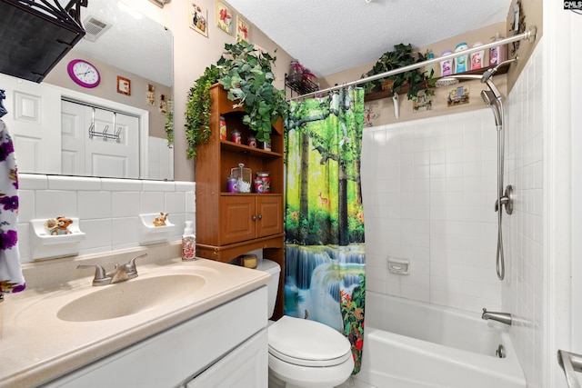 1220 Barnwell Dr, Sumter, SC 29154 - bathroom with a textured ceiling, vanity, shower / tub combo with curtain, and decorative backsplash