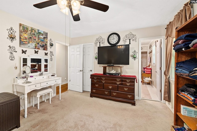 1220 Barnwell Dr, Sumter, SC 29154 - bedroom with light carpet, ceiling fan, and ensuite bathroom