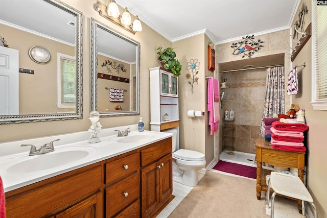 1220 Barnwell Dr, Sumter, SC 29154 - bathroom with a tile shower, double vanity, crown molding, and tile patterned flooring