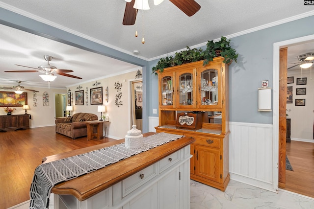 1220 Barnwell Dr, Sumter, SC 29154 - kitchen featuring ceiling fan, a wainscoted wall, ornamental molding, open floor plan, and glass insert cabinets