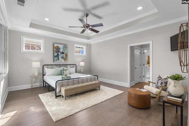 143 Club Ridge Rd, Elgin, SC 29045 - bedroom featuring a raised ceiling, dark wood-style floors, ornamental molding, recessed lighting, and a ceiling fan