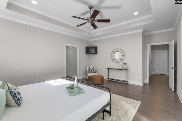 143 Club Ridge Rd, Elgin, SC 29045 - bedroom with a raised ceiling, dark wood-style floors, recessed lighting, crown molding, and a ceiling fan