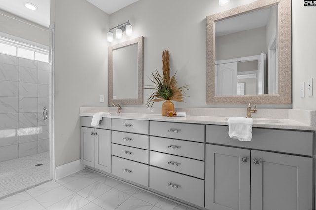 143 Club Ridge Rd, Elgin, SC 29045 - full bath with marble look tile flooring, double vanity, a shower stall, and recessed lighting