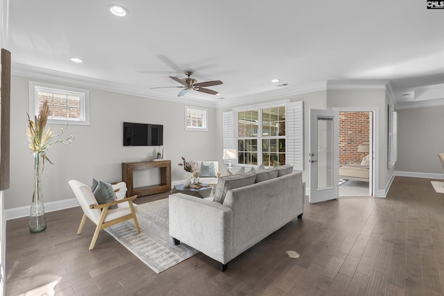 143 Club Ridge Rd, Elgin, SC 29045 - living room featuring crown molding, a ceiling fan, recessed lighting, plenty of natural light, and dark wood-style floors
