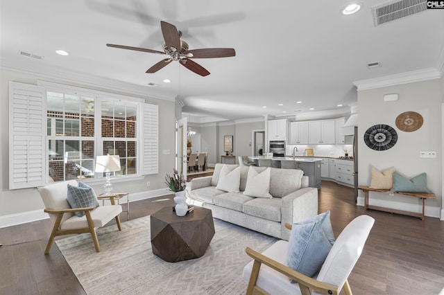 143 Club Ridge Rd, Elgin, SC 29045 - living room featuring crown molding, recessed lighting, a ceiling fan, and dark wood finished floors