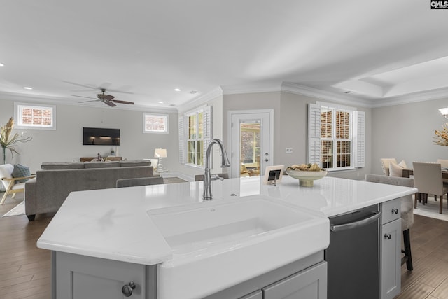 143 Club Ridge Rd, Elgin, SC 29045 - kitchen with open floor plan, dishwasher, ornamental molding, recessed lighting, and dark wood finished floors