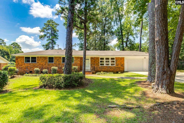 1748 Omarest Dr, Columbia, SC 29210 - ranch-style home with an attached garage, concrete driveway, a front yard, brick siding, and crawl space