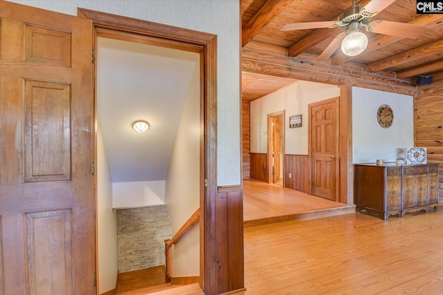 518 Pioneer Shores Rd, Prosperity, SC 29127 - hall with wood finished floors, wainscoting, and a wood ceiling with exposed beams