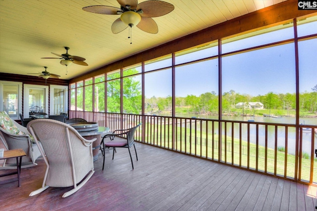518 Pioneer Shores Rd, Prosperity, SC 29127 - sunroom featuring a ceiling fan, a water view, and outdoor dining space