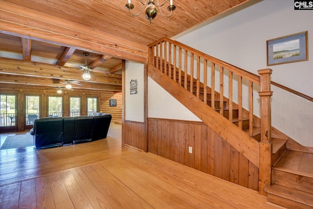 518 Pioneer Shores Rd, Prosperity, SC 29127 - staircase featuring a wood ceiling with exposed beams, wood-type flooring, ceiling fan, rustic walls, and a wainscoted wall