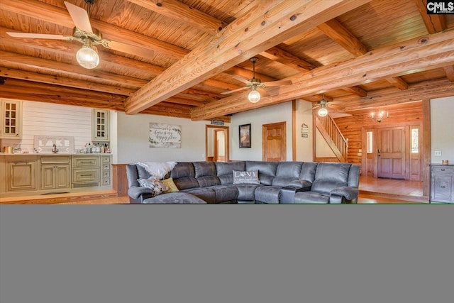518 Pioneer Shores Rd, Prosperity, SC 29127 - living room with ceiling fan, light wood-style flooring, a wood ceiling with exposed beams, and stairway