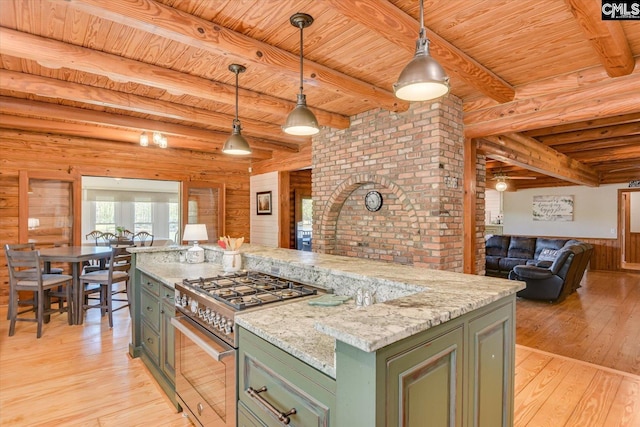 518 Pioneer Shores Rd, Prosperity, SC 29127 - kitchen featuring green cabinets, high end stainless steel range oven, a wood ceiling with exposed beams, light wood-type flooring, and open floor plan
