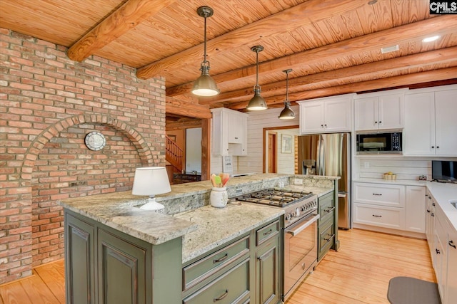 518 Pioneer Shores Rd, Prosperity, SC 29127 - kitchen with stainless steel appliances, green cabinets, a wooden ceiling with exposed beams, white cabinets, and light wood-style floors