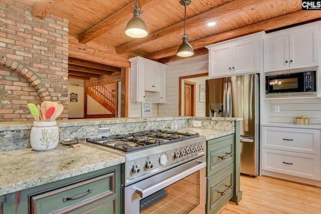 518 Pioneer Shores Rd, Prosperity, SC 29127 - kitchen with stainless steel appliances, green cabinets, a wooden ceiling with exposed beams, white cabinetry, and light wood finished floors
