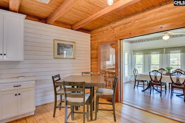 518 Pioneer Shores Rd, Prosperity, SC 29127 - dining room with a wooden ceiling with exposed beams, light wood finished floors, and wood walls