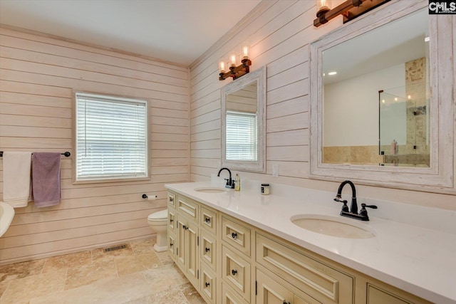 518 Pioneer Shores Rd, Prosperity, SC 29127 - bathroom with wood walls, an enclosed shower, double vanity, and stone finish floors