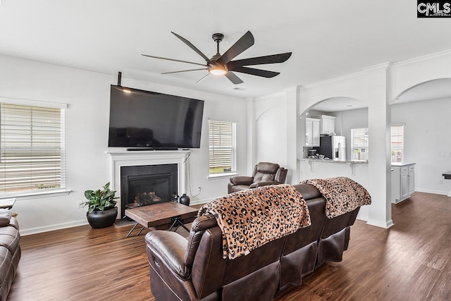 823 Queenshire Ln, Elgin, SC 29045 - living area with a ceiling fan, dark wood-style flooring, arched walkways, a glass covered fireplace, and ornamental molding
