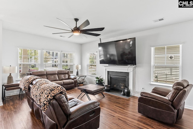 823 Queenshire Ln, Elgin, SC 29045 - living room with a ceiling fan, wood finished floors, and a glass covered fireplace